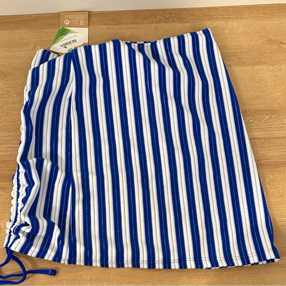 NWT Berlook Striped White & Blue Terrycloth Swim Skirt Cover Up